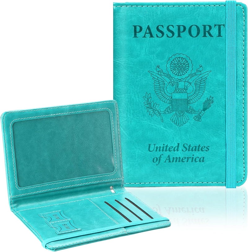 RHOttbiy Passport Holder for Travel, RFID Blocking Passport Cover with Pen Holder Leather Passport Wallet Case Travel Must Haves Accessories Passport Book Card Holder for Family Travel Essentials, Turquoise - Image 1
